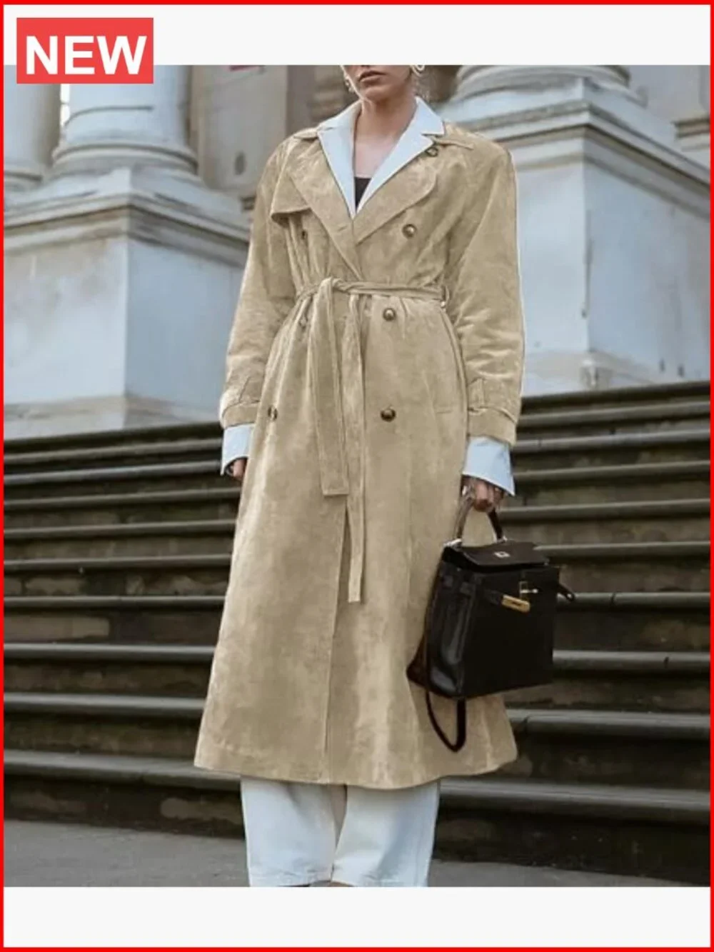 Faux Suede Long Trench Coat Notched Lapel Double Breasted Pea Coat Overcoat - Picture 5 of 7
